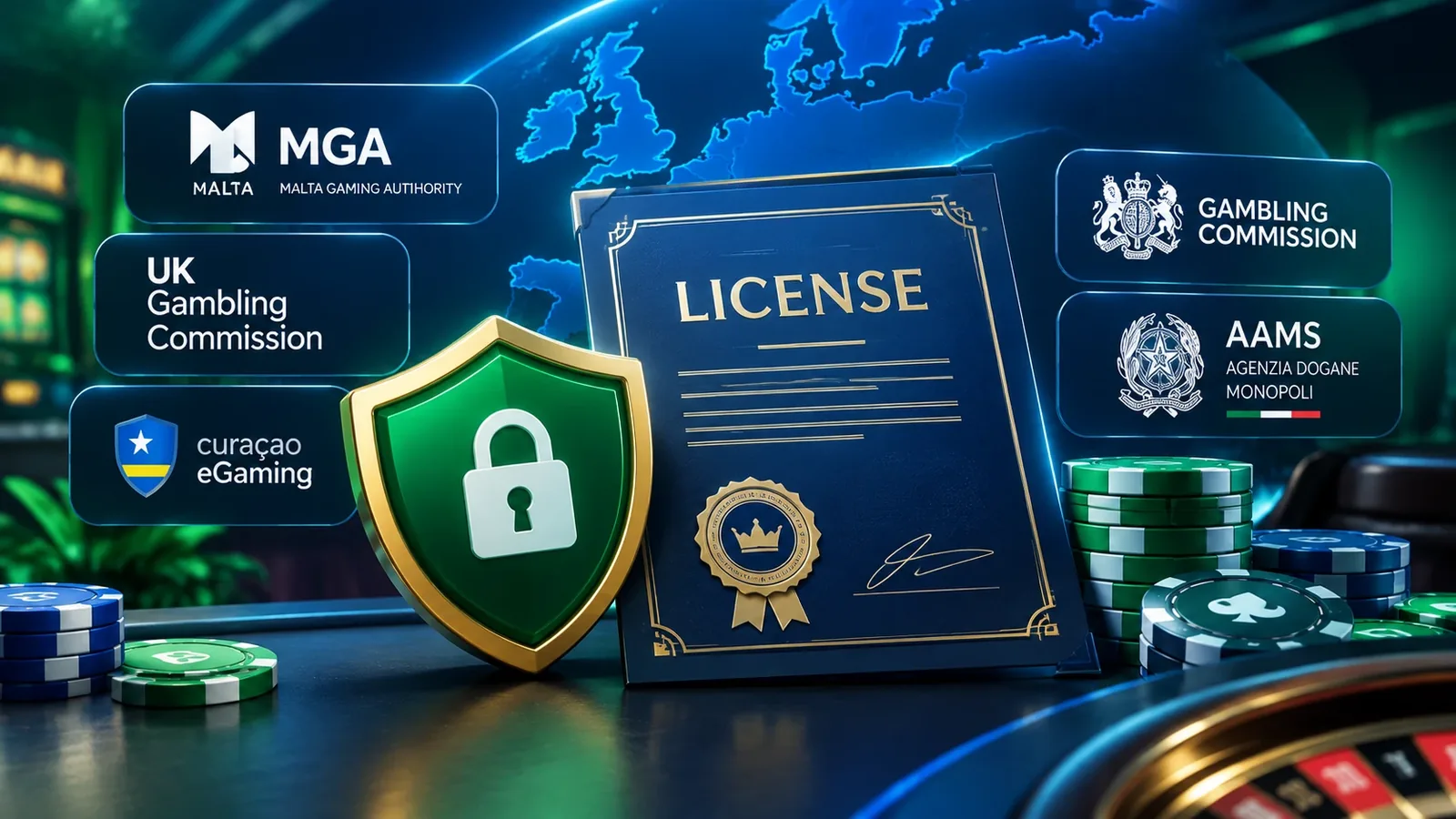 Certificato di licenza di gioco con scudo di sicurezza, circondato dai riquadri delle autorità di licenza: Malta Gaming Authority, UK Gambling Commission, Curaçao eGaming e ADM